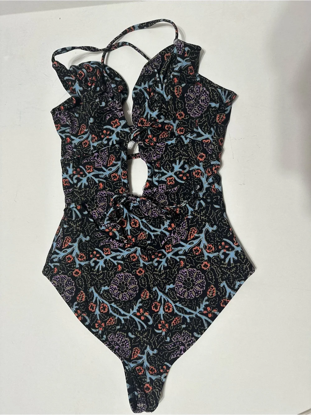 SEA NEW YORK MARLEE ONE PIECE Floral Ruffle Swimsuit Black w/ Pastel Prints XXS